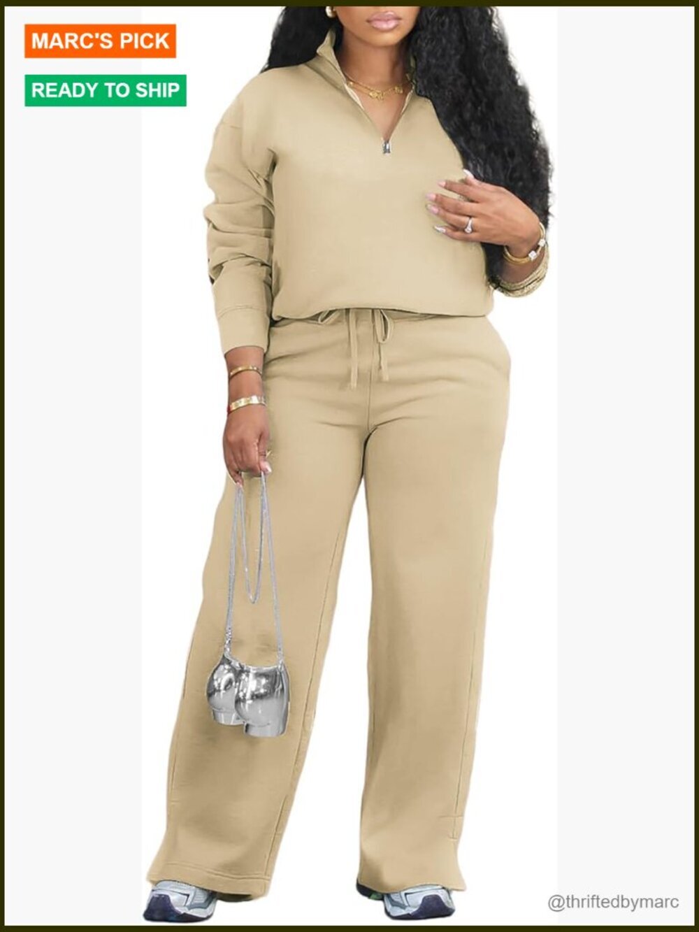 Long Sleeve Half Zip Sweatshirt & Wide Leg Sweatpants Set Large Polyester Blend